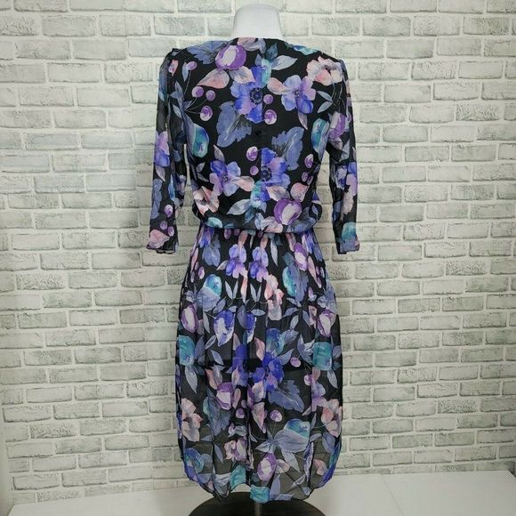 Vintage 80s 90s Dramatix Sheer Chiffon Floral Fit Flare Dress Pleated‎ Waistband - Picture 6 of 8